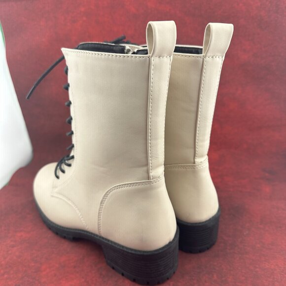 SHELN COMBAT BOOTS LUG SOLE IVORY, MID-CALF, LACE-UP, ZIPPER, BLOCK HEEL, SIZE 9 - Picture 7 of 10